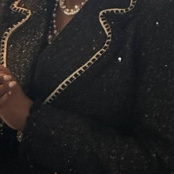 Black Elegant Women's Tweed Sequin Double Breasted Lapel Collar Overcoat Jacket - Picture 9 of 14